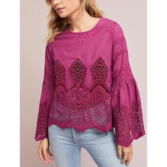 Anthropologie Tops - CHLOE OLIVER Anthropologie Lace Embroidered Bell Sleeve Blouse Size Small